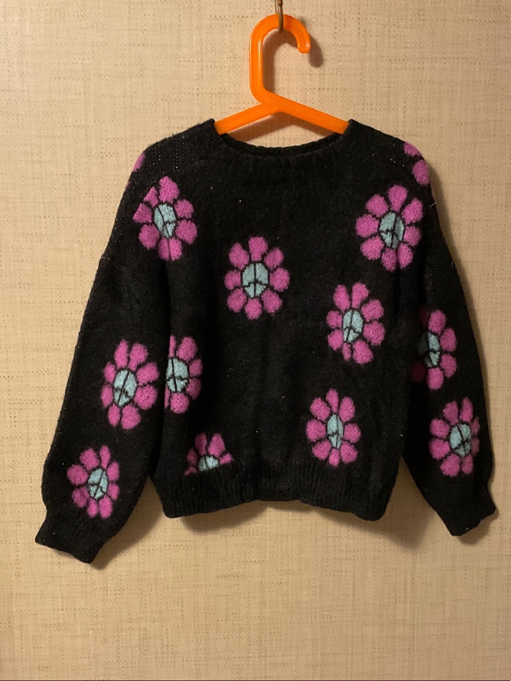 Justice Black Crewneck Sweater with Pink and Light Blue Floral Motif